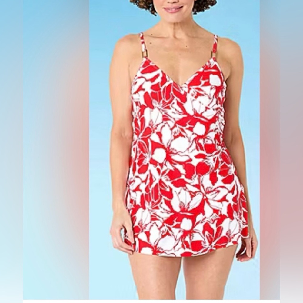Liz Claiborne NWTs women's one-piece swim dress Bella Flora W/Tummy Panel Size 8